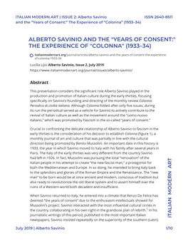 Alberto Savinio and the "Years of Consent:" the Experience of "Colonna" (1933–34)