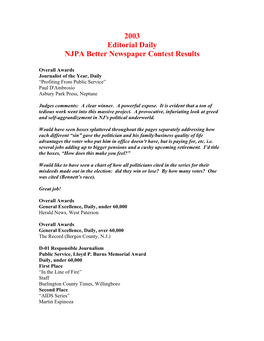 2003 NJPA Better Newspaper Contest Results