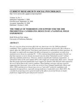 The Threat of Terrorism and Support for the 2008 Presidential Candidates: Results of a National Field Experiment