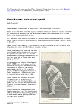 Lionel Palairet. a Clevedon Legend?