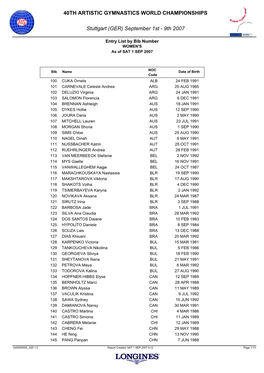 Entry List by Bib Number WOMEN's As of SAT 1 SEP 2007