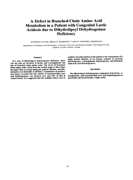 A Defect in Branched-Chain Amino Acid Metabolism in a Patient with Congenital Lactic Acidosis Due to Dihydrolipoyl Dehydrogenase Deficiency