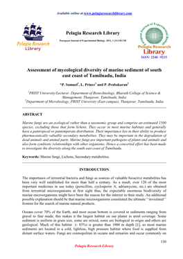 Assessment of Mycological Diversity of Marine Sediment of South East Coast of Tamilnadu, India