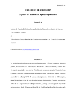 HORMIGAS DE COLOMBIA Capítulo 17. Subfamilia Agroecomyrmecinae