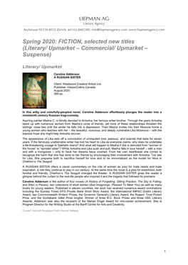 Spring 2020: FICTION, Selected New Titles (Literary/ Upmarket – Commercial/ Upmarket – Suspense)