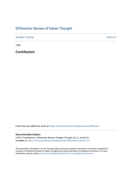 Differentia: Review of Italian Thought Contributors