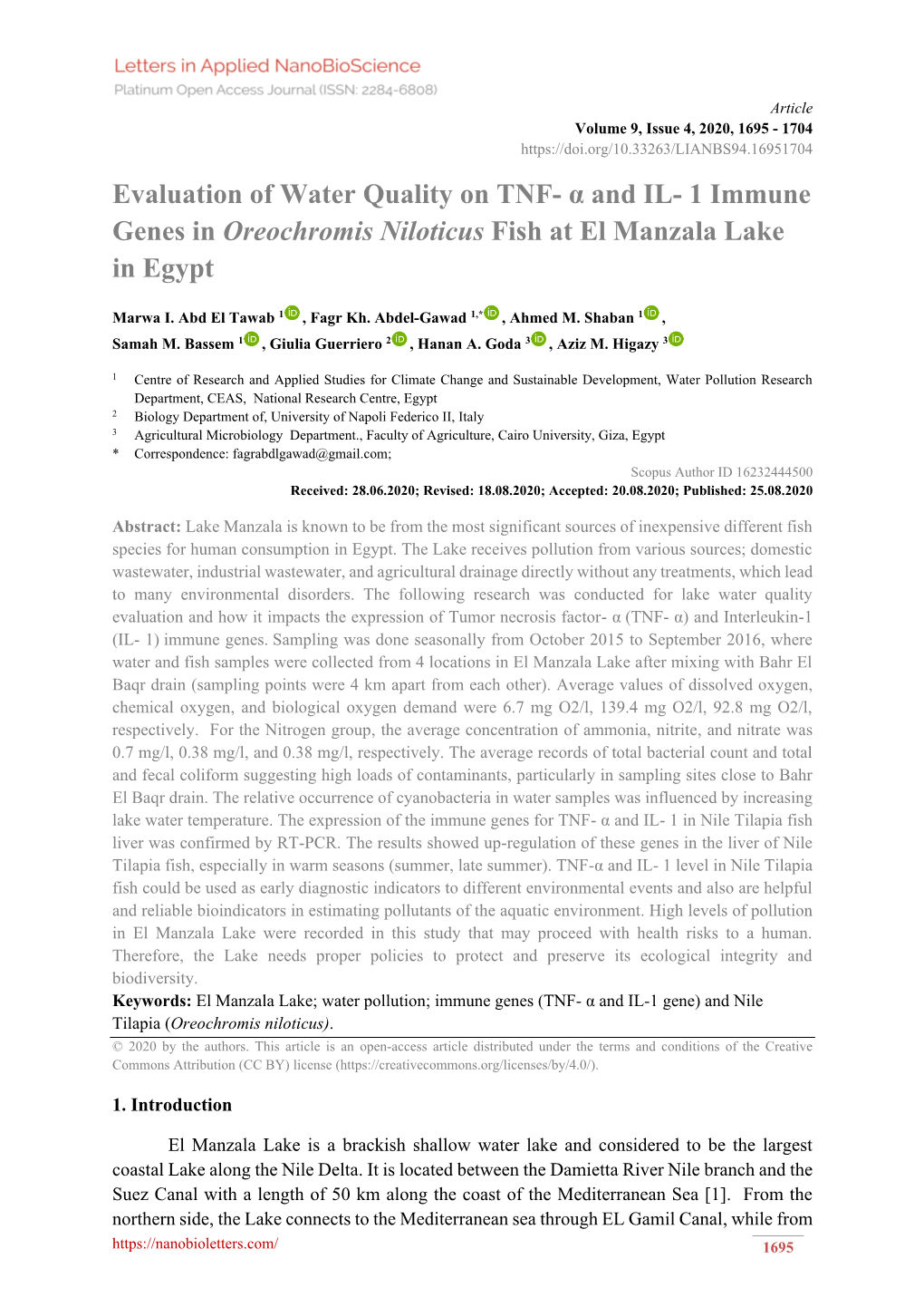 1 Immune Genes in Oreochromis Niloticus Fish at El Manzala Lake in Egypt