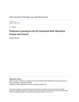 Production Licensing on the UK Continental Shelf: Ministerial Powers and Controls