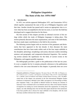 Philippine Linguistics: the State of the Art: 1970-1980*