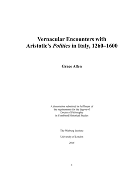 Vernacular Encounters with Aristotle's Politics in Italy, 1260‒1600