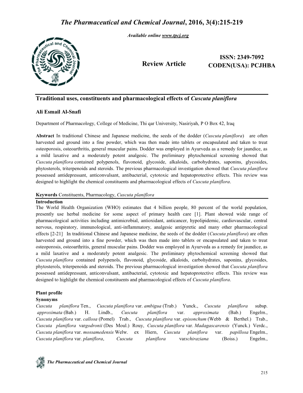 PCJHBA Traditional Uses, Constituents and Pharmacological Effects of Cuscuta Planiflora