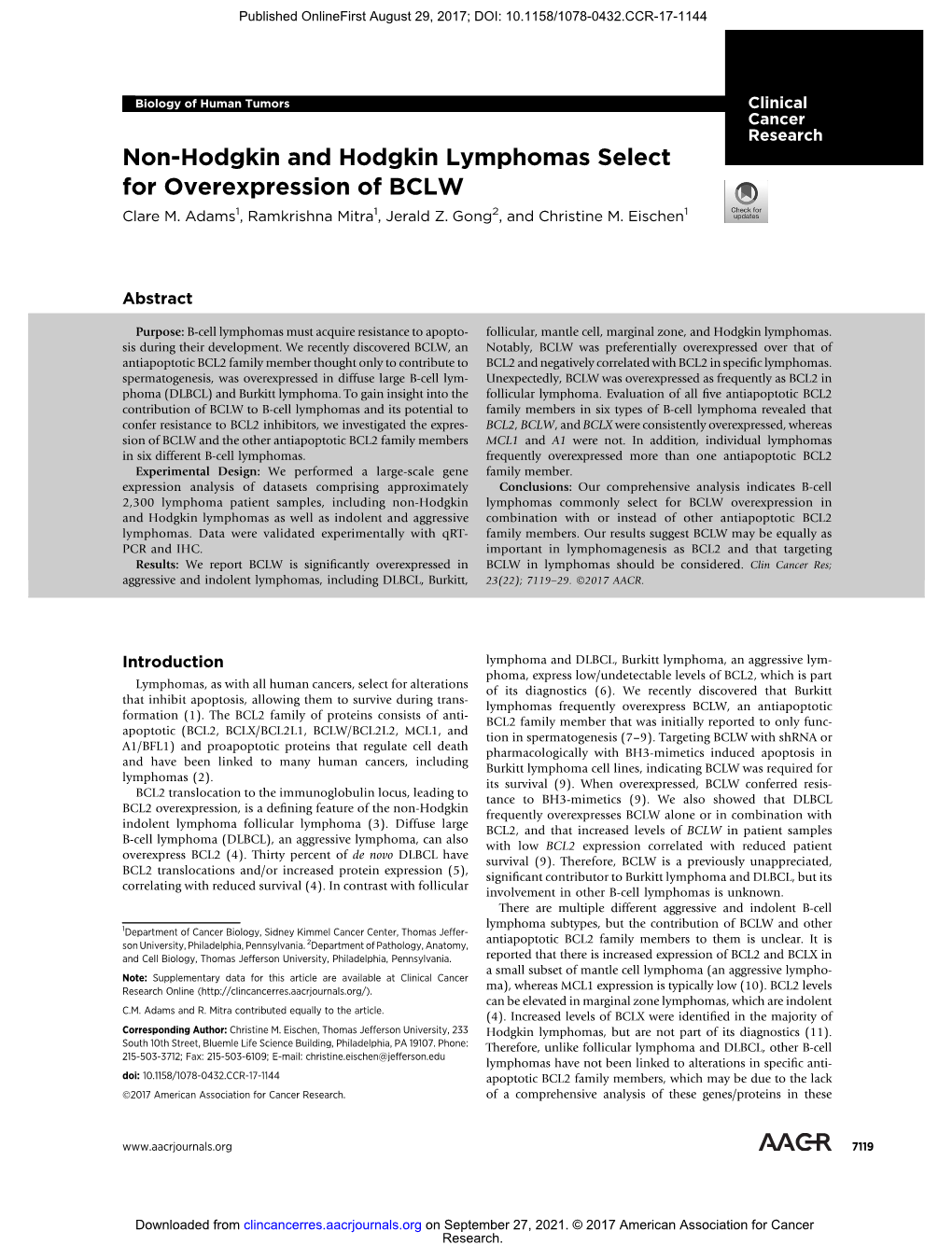 Non-Hodgkin and Hodgkin Lymphomas Select for Overexpression of BCLW Clare M