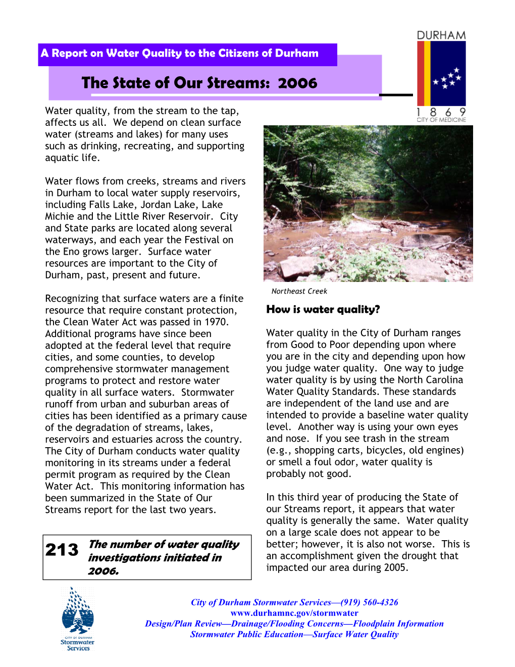 State of Our Streams 2006 Report Prepared by the City of Durham Stormwater Services Division