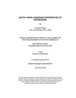South Asian Canadian Experiences of Depression