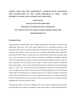 Making Echo for the Environment: Communication Strategies for Conservation of the Water Resources in India - with Reference to Holy Bein Conservation Movement