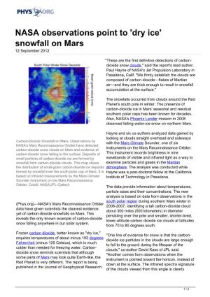NASA Observations Point to 'Dry Ice' Snowfall on Mars 12 September 2012