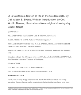 A La California. Sketch of Life in the Golden State. by Col. Albert S