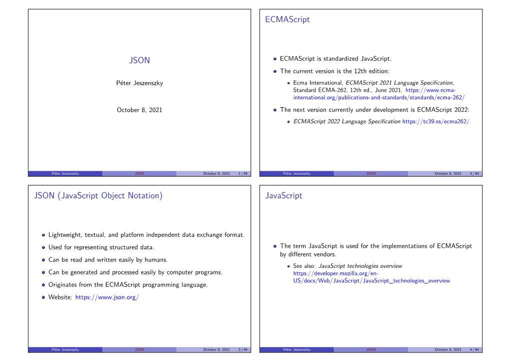 JSON JSON (Javascript Object Notation) Ecmascript Javascript