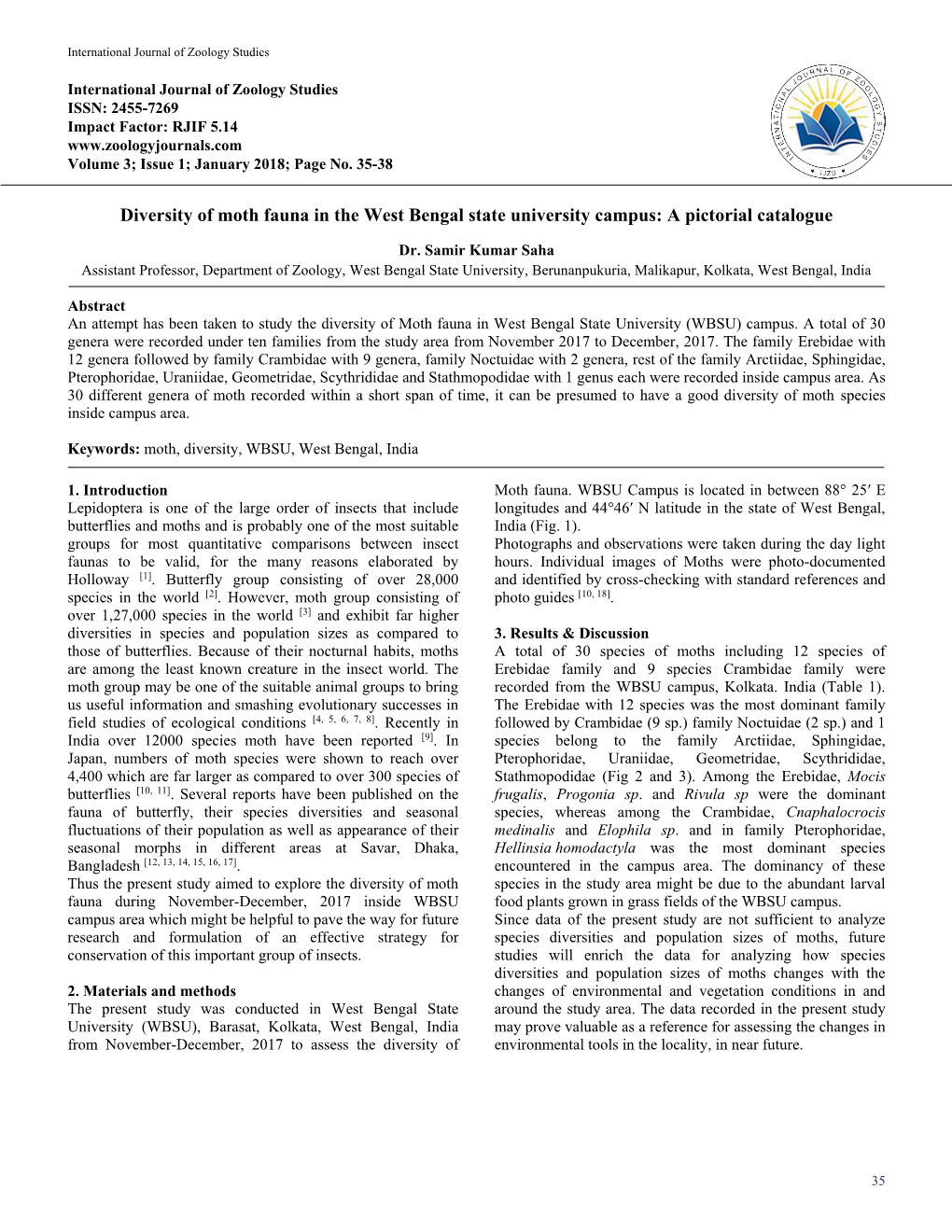 Diversity of Moth Fauna in the West Bengal State University Campus: a Pictorial Catalogue