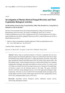 Investigation of Marine-Derived Fungal Diversity and Their Exploitable Biological Activities