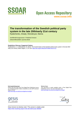 The Transformation of the Swedish Political Party System in the Late 20Th/Early 21St Century Ryabichenko, Arkady; Shenderyuk, Marina