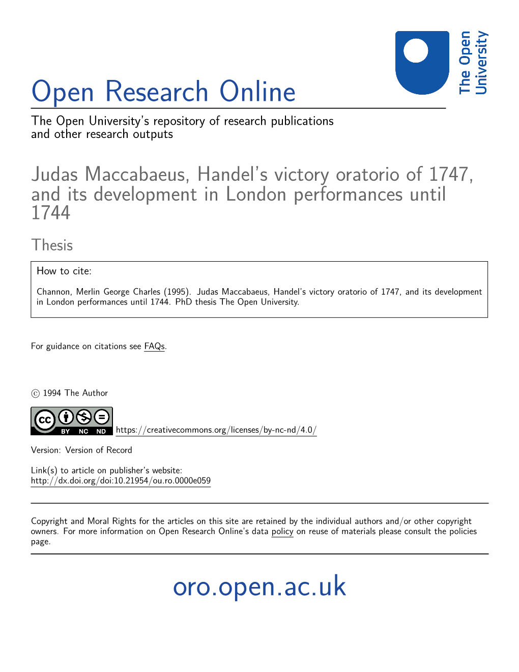Judas Maccabaeus, Handel's Victory Oratorio of 1747, and Its Development in London Performances Until 1744