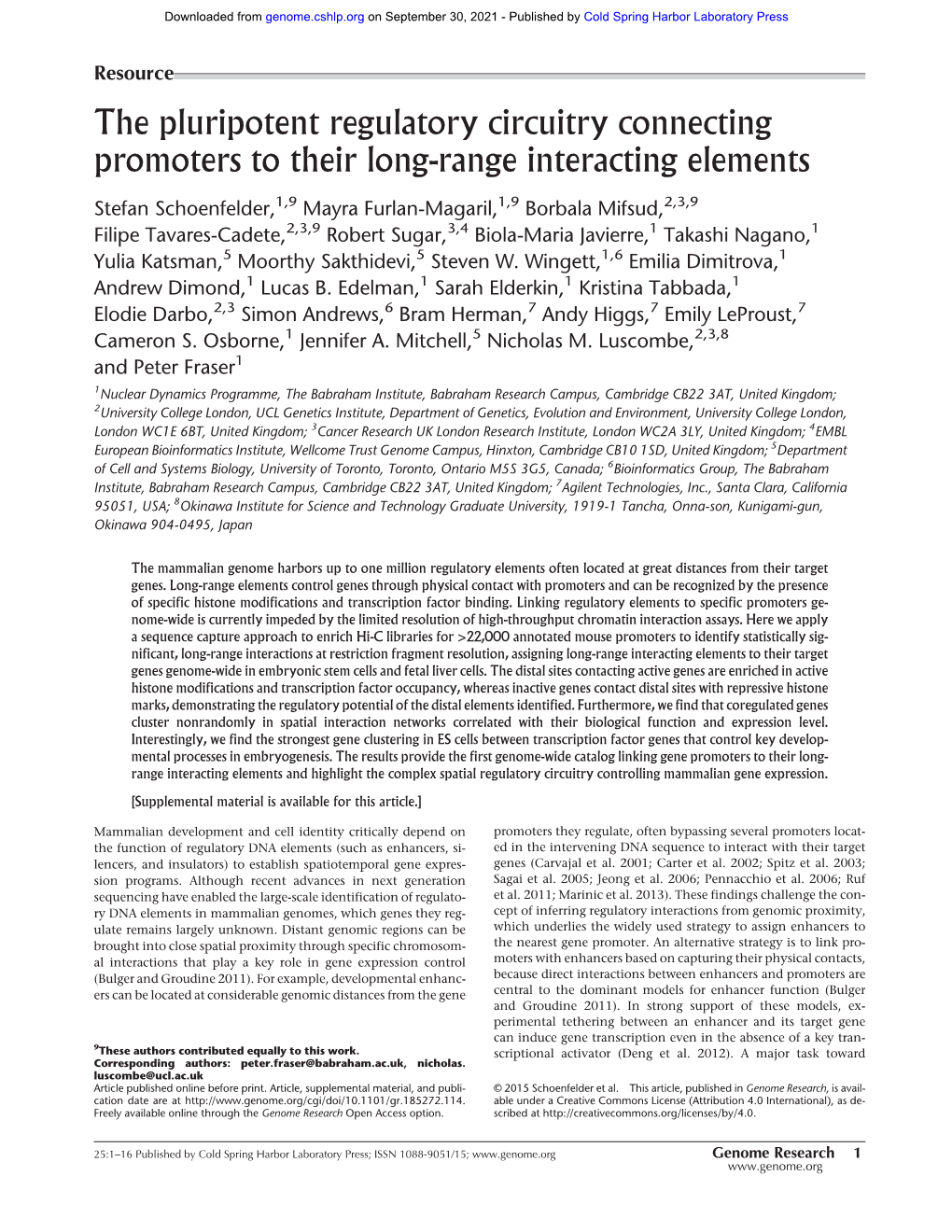 The Pluripotent Regulatory Circuitry Connecting Promoters to Their Long-Range Interacting Elements