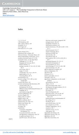 Cambridge University Press 978-1-107-13355-6 — the Cambridge Companion to Electronic Music Edited by Nick Collins , Julio D'escrivan Index More Information 317