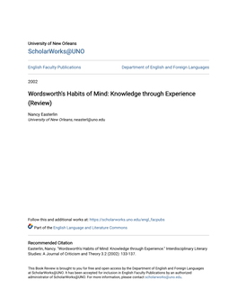 Wordsworth's Habits of Mind: Knowledge Through Experience (Review)