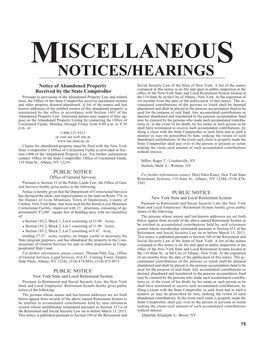 MISCELLANEOUS NOTICES/HEARINGS Notice of Abandoned Property Social Security Law of the State of New York