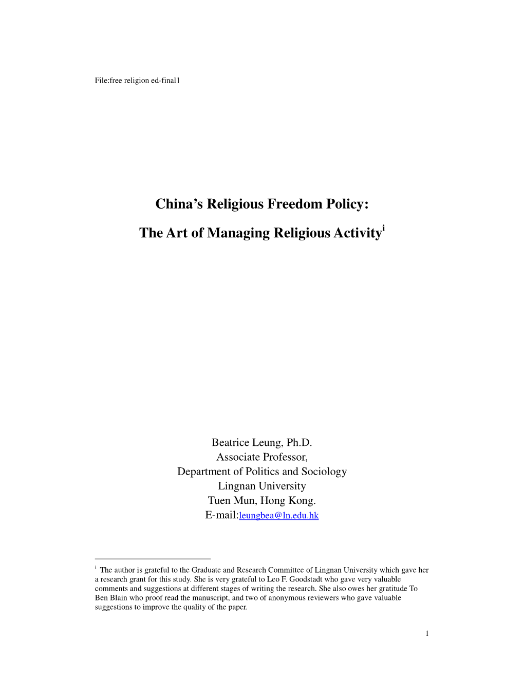 China's Religious Freedom Policy