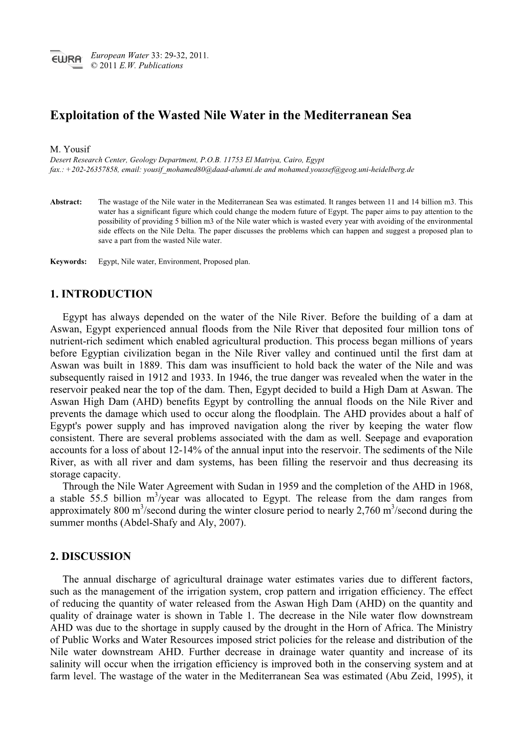 Exploitation of the Wasted Nile Water in the Mediterranean Sea