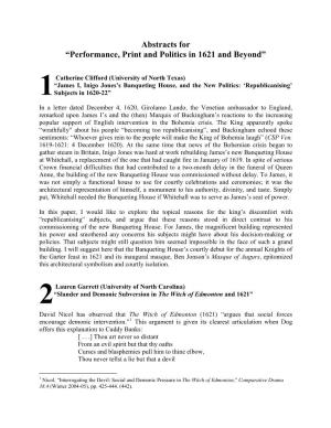 Abstracts for “Performance, Print and Politics in 1621 and Beyond”