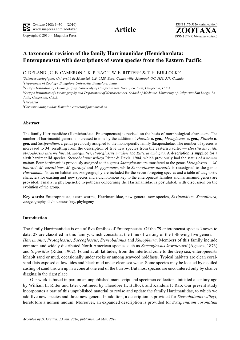 Zootaxa, a Taxonomic Revision of the Family Harrimaniidae (Hemichordata