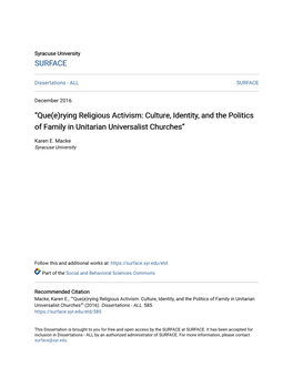 “Que(E)Rying Religious Activism: Culture, Identity, and the Politics of Family in Unitarian Universalist Churches”