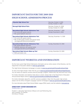 Important Dates for the 2009-2010 High School Admissions Process