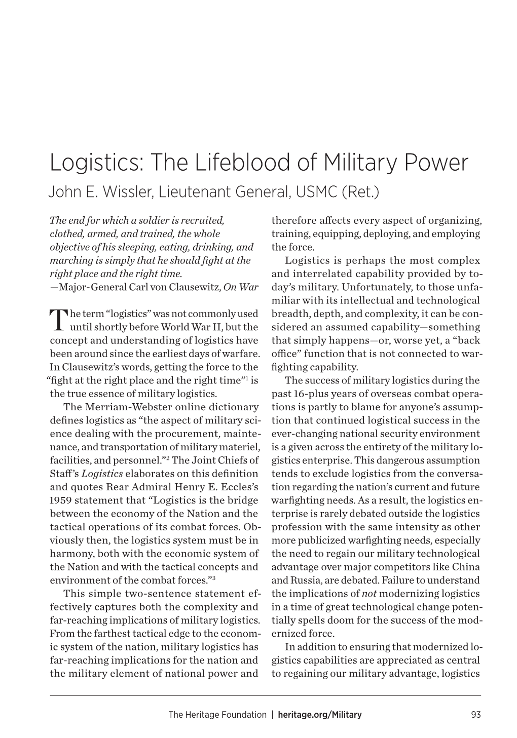 The Lifeblood of Military Power Military of Lifeblood the Logistics