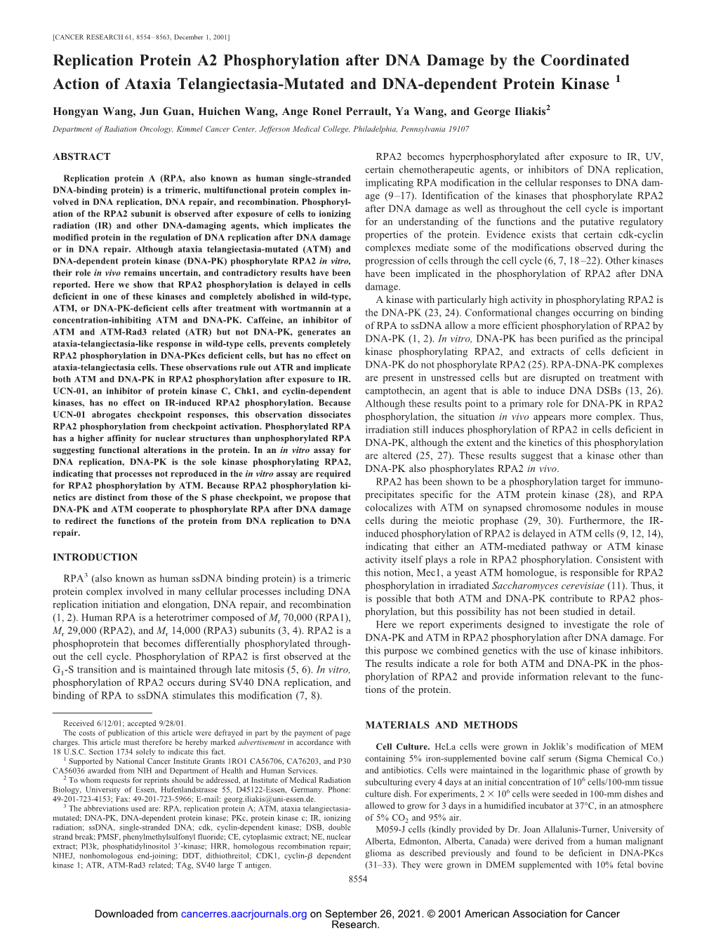 Replication Protein A2 Phosphorylation After DNA Damage by the Coordinated Action of Ataxia Telangiectasia-Mutated and DNA-Dependent Protein Kinase 1