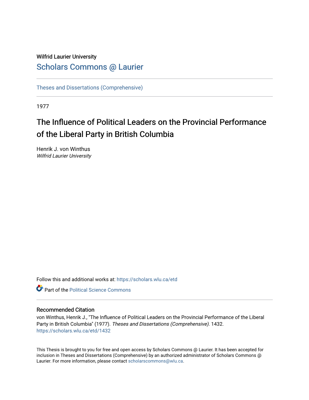 The Influence of Political Leaders on the Provincial Performance of the Liberal Party in British Columbia