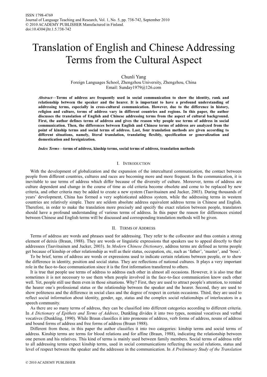 Translation of English and Chinese Addressing Terms from the Cultural Aspect