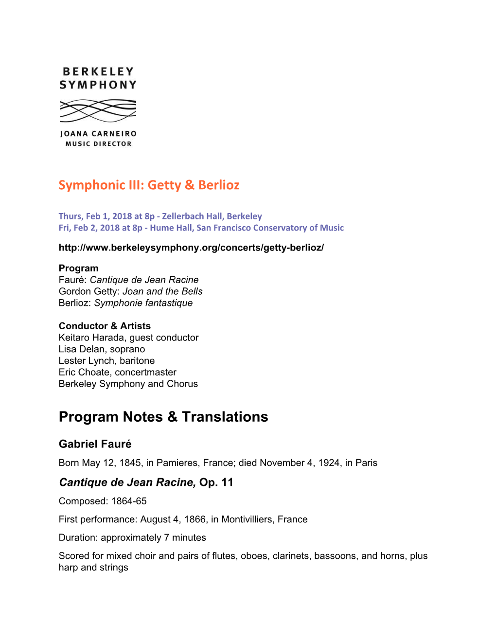 Symphonic III: Getty & Berlioz Program Notes & Translations