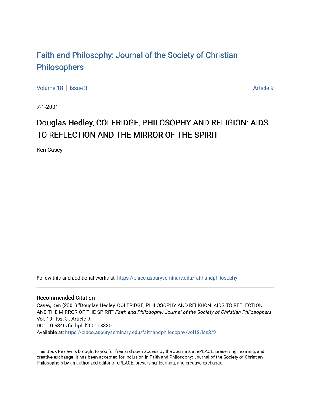 Douglas Hedley, COLERIDGE, PHILOSOPHY and RELIGION: AIDS to REFLECTION and the MIRROR of the SPIRIT