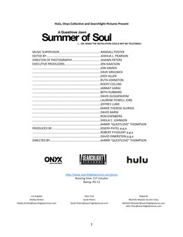 Hulu, Onyx Collective and Searchlight Pictures Present MUSIC SUPERVISOR……………………………………………….RA