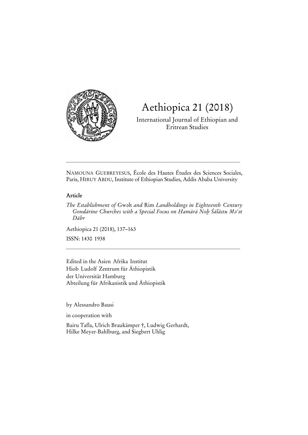 Aethiopica 21 (2018) International Journal of Ethiopian and Eritrean Studies
