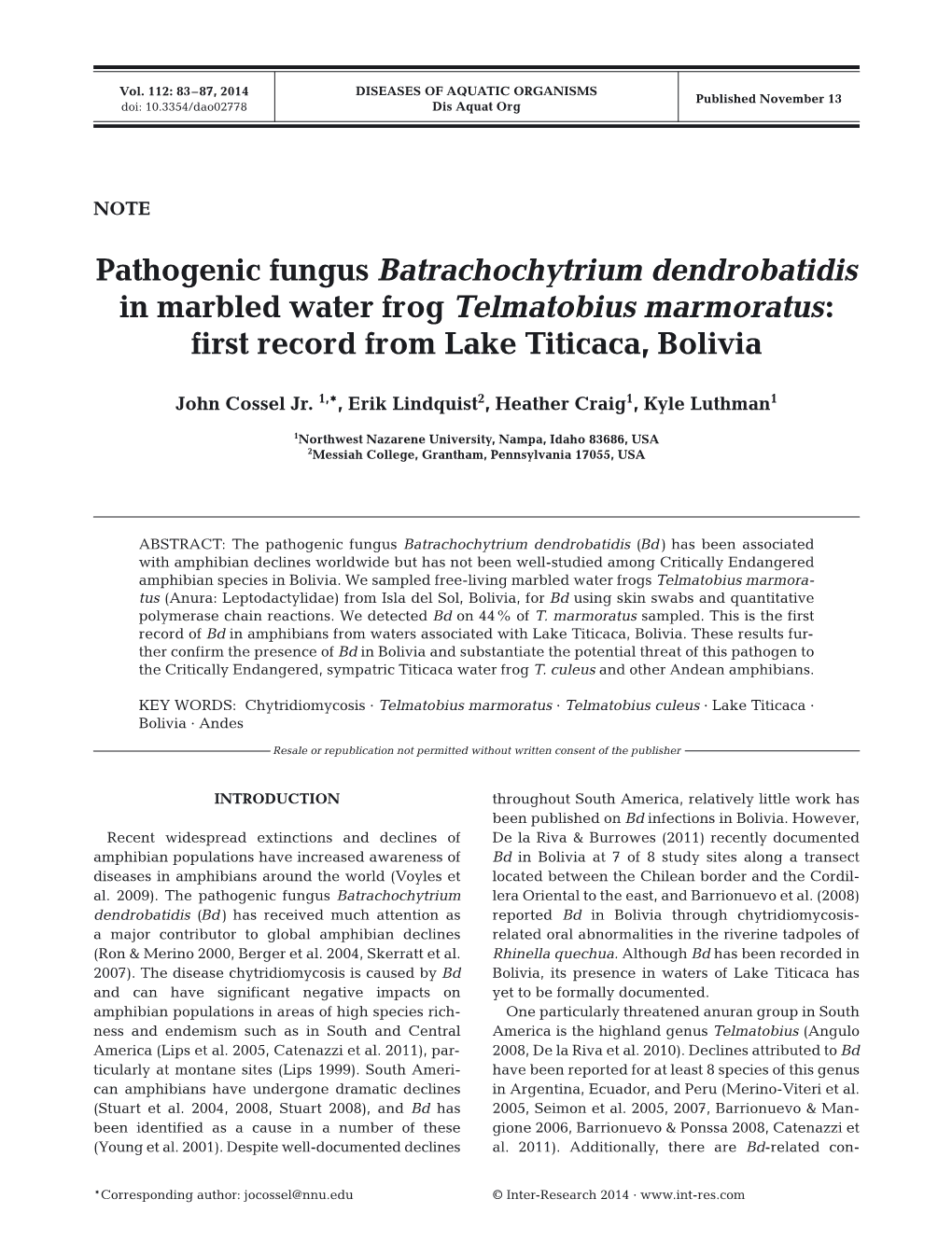 Pathogenic Fungus Batrachochytrium Dendrobatidis in Marbled Water Frog Telmatobius Marmoratus: First Record from Lake Titicaca, Bolivia