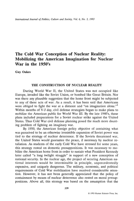 The Cold War Conception of Nuclear Reality: Mobilizing the American Imagination for Nuclear War in the 1950'S