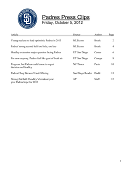 Padres Press Clips Friday, October 5, 2012