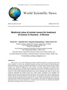 Medicinal Value of Animal Venom for Treatment of Cancer in Humans - a Review