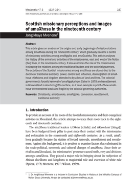 Scottish Missionary Perceptions and Images of Amaxhosa in the Nineteenth Century Jongikhaya Mvenene1