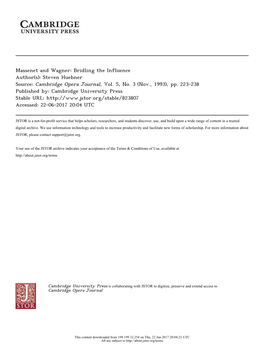 Massenet and Wagner: Bridling the Influence Author(S): Steven Huebner Source: Cambridge Opera Journal, Vol
